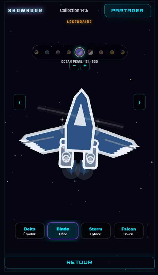 Showroom Nébula Rush in-game : vaisseau Blade, sélecteur de sets Delta, Storm et Falcon, progression de collection 14 %